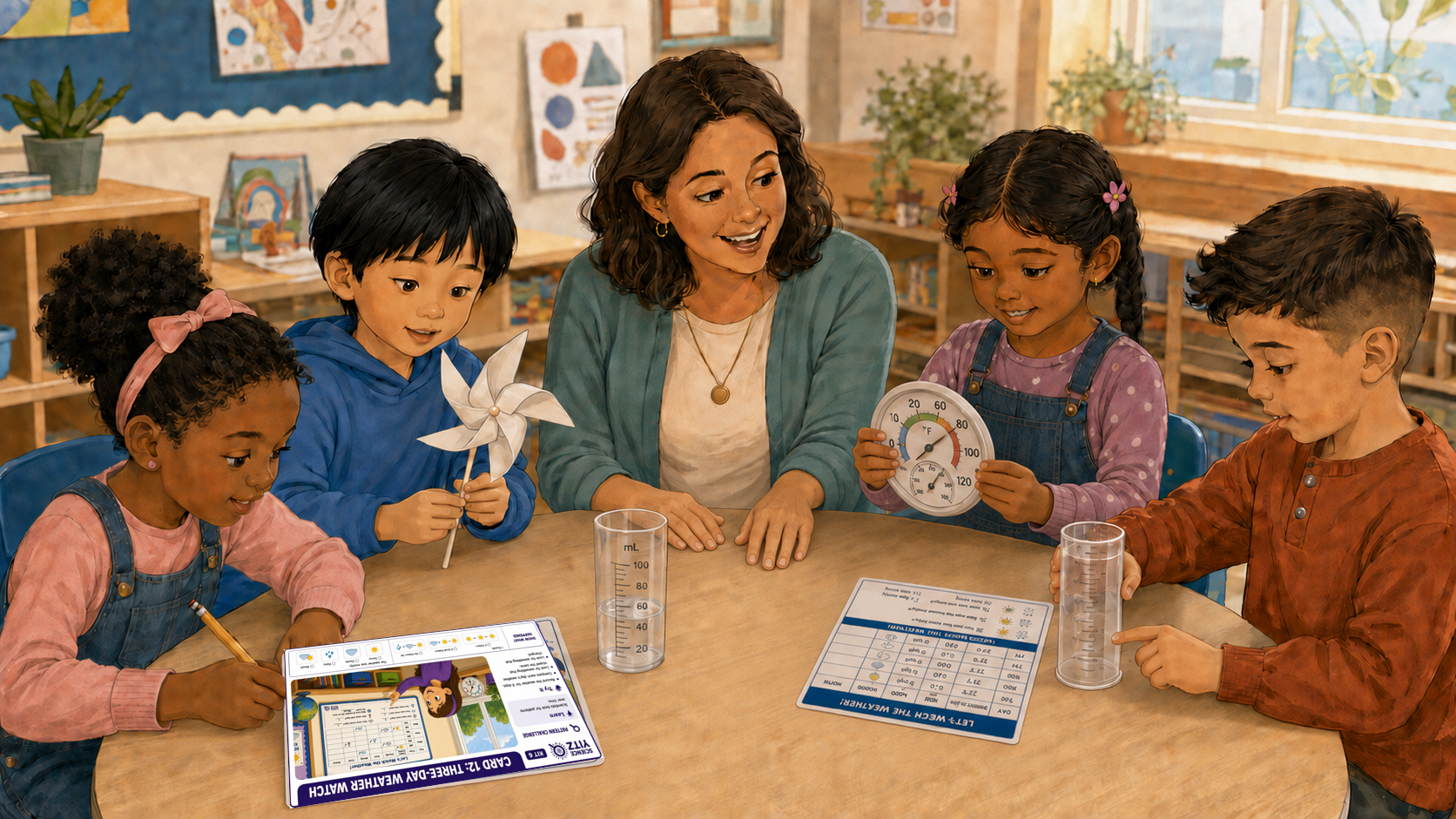 A teacher facilitates as students use a real Kit 6 activity card and hands-on weather materials